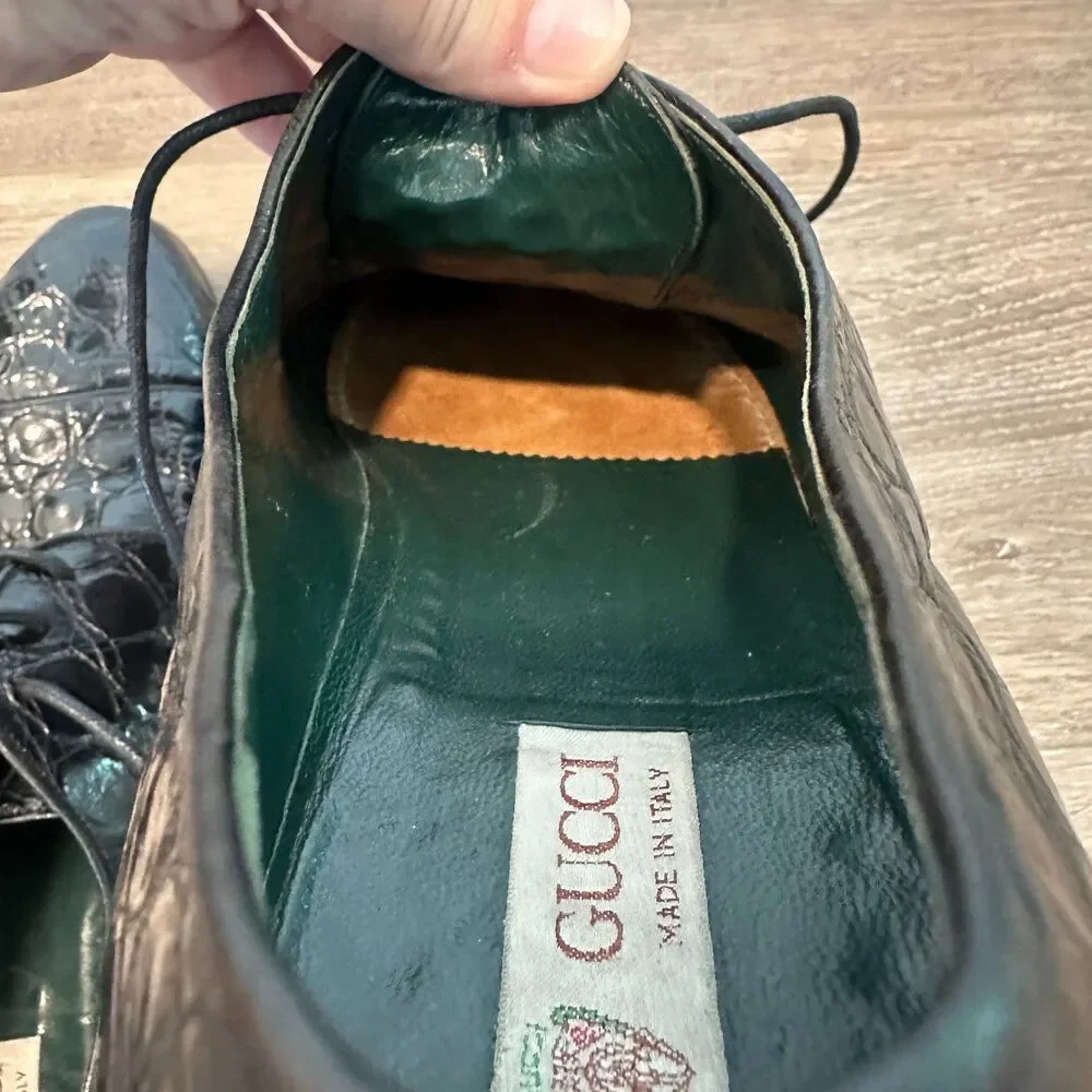 Vintage Gucci Black Alligator Leather Lace Up Derby Dress Shoes Mens Size 10